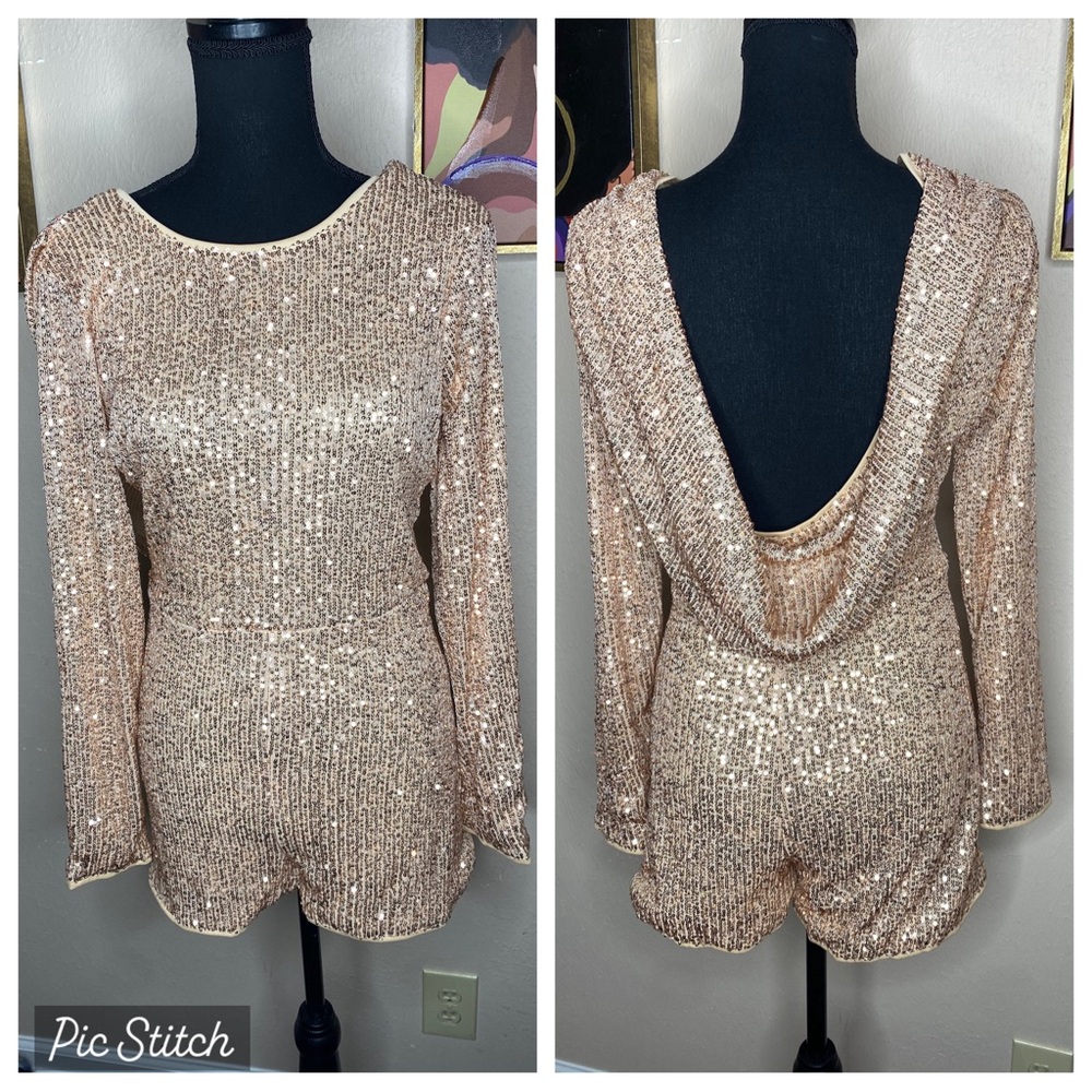 Fashion Nova Sequin Glitz and Glamour Rose Gold Romper!  Long Sleeve Size Medium